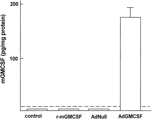 Fig. 7. Quantification of mGM-CSF in lavage fluid after transfer of genetically modified AM to the lung. Alveolar macrophages were infected in vitro with AdmGM-CSF or AdNull at 100 moi for 90 minutes and washed, and 2 × 105 AM were transplanted by the intratracheal route to the lungs of syngeneic mice. As a control, a parallel group of animals received 60 ng recombinant mGM-CSF (r-mGM-CSF). Quantification of mGM-CSF in lavage fluid was performed by ELISA 1 week after administration. The data are expressed as picograms of mGM-CSF in lavage fluid referenced to milligrams of total protein in the recovered fluid. The dashed line represents the lower limit of detection of the assay.
