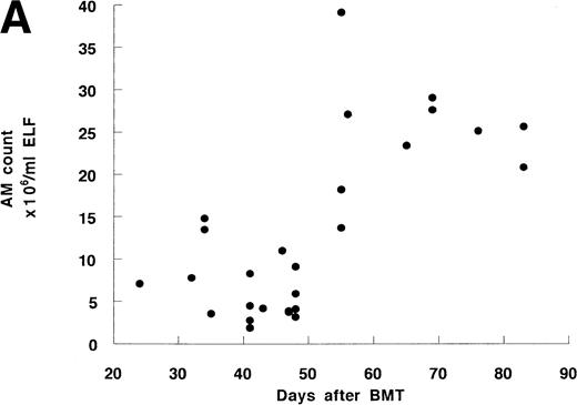 Fig. 1. The time course of BAL cells after allo-BMT. (A) Cell number of AM in ELF. Total 27 BAL were performed. (B) Percentage of AM in BAL cells. Some data are overlaid in both (A) and (B).