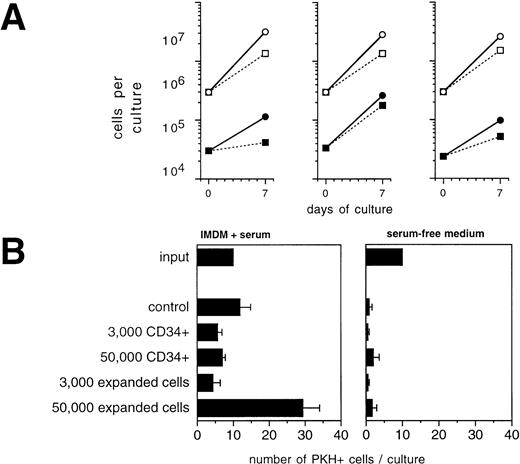 Fig. 4. Influence of hematopoietic cells on primary breast cancer cells during ex vivo expansion. (A) Culture-enriched mammary carcinoma cells (solid symbols) and CD34+ enriched BPCs (open symbols) were cocultured at a ratio of 1:10 in 3-mL flasks in the presence of SCF, IL-1β, IL-3, IL-6, and EPO with (squares) or without (circles) 30 ng/mL of TGF-β1. Tumor cells were enumerated by immunocytochemistry using anti-CK and Ber-Ep4 antibodies. Mean values using cells from three different patients are shown. (B) Ten PKH-26–labeled tumor cells were suspended in 100 μL of FCS-containing IMDM or serum-free medium together with the indicated numbers of enriched CD34+ BPCs that had either not been precultured (CD34+) or that had been ex vivo expanded for 14 days in the presence of SCF, IL-1β, IL-3, IL-6, and EPO (expanded). After 3 days, the entire cultures were examined under a fluorescence microscope and all cells displaying a red fluorescence were counted. Results are the mean values ± SD of triplicate cultures and show a representative experiment.