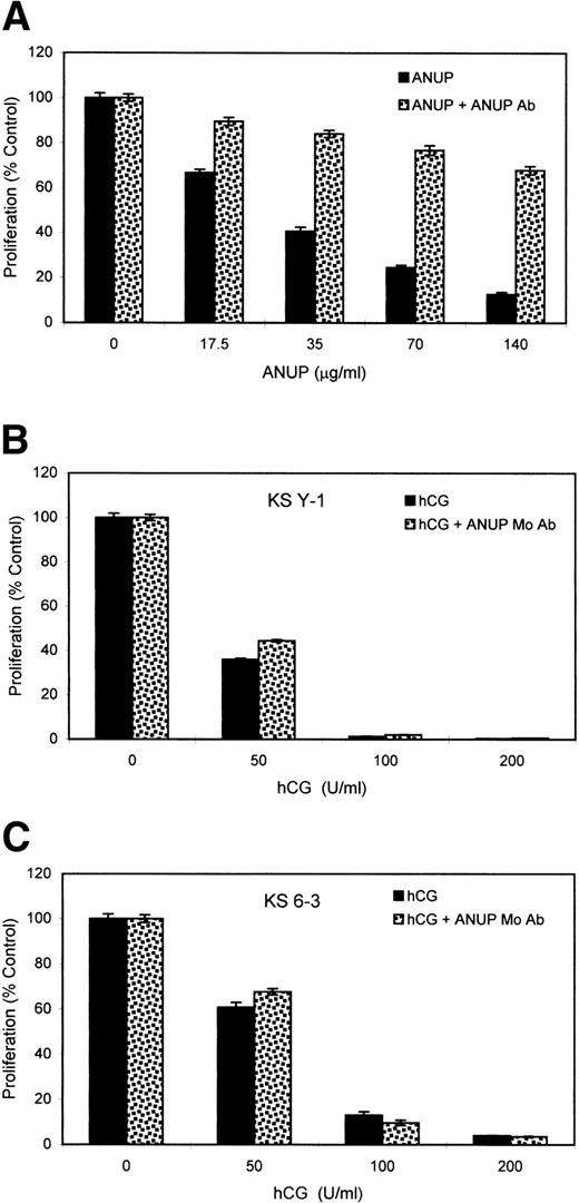 Fig. 2. ANUP monoclonal antibodies abrogate the effect of ANUP on KS cell growth inhibition. (A) KS Y-1 cells were seeded at a density of 1 × 104/well on gelatin-coated 48-well plates. Cells were treated with various concentrations of ANUP alone or with ANUP antibodies at a concentration of 1 μg/mL. Cell proliferation was measured after 72 hours. The active preparation of hCG (A.P.L.; Wyeth Ayerst) inhibited KS cell proliferation (B and C), and this effect was not blocked by ANUP antibodies. KS cells were treated with hCG (A.P.L.) at various concentrations alone or in combination with ANUP antibodies (1 μg/mL each). Cell proliferation was measured at 72 hours. The data represent the mean ± SD of experiments performed in quadruplicate.