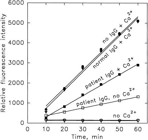 Fig. 4. Comparing the effect of the patient’s IgG on the incorporation of dansylcadaverine into N,N-dimethylcasein by rA2′ in the presence and absence of Ca2+. Reactions were performed at 37°C in a total volume of 125 μL with no IgG (○,•), 25 μg normal IgG (▿, ▾) or patient IgG (□,▪; isolated on a Protein A column from serum drawn 9/12/91), 50 mmol/L Tris-HCl, pH 7.5, 2 mg/mL N,N-dimethylcasein, 0.5 mmol/L dansylcadaverine, and 0.25 μg rA2′, in the absence (open symbols) or presence of 1 mmol/L CaCl2(closed symbols). Fluorescence was measured as in Fig 3.