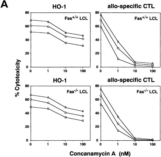 Fig. 4. Effect of CMA and Sr2+ on cytotoxicity mediated by HO-1. (A) HO-1 cells were preincubated with various concentrations of CMA for 2 hours. The CMA-treated or untreated HO-1 cells were then cocultured with 51Cr-labeled autologous LCL (Fas+/+ LCL) and Fas-deficient LCL (Fas−/− LCL), which had been loaded with the DEK-CAN peptide in the presence or absence of CMA at E:T ratios of 10:1 (▵), 5:1 (○), and 2.5:1 (□) for 4 hours. Effect of CMA on cytotoxicity mediated by alloantigen-specific CD8+ CTLs directed against Fas+/+ LCL and Fas−/− LCL was also examined. (B) HO-1 cells were preincubated with various concentrations of SrCl2 for 18 hours. The Sr2+-treated or untreated HO-1 cells were then cocultured with 51Cr-labeled autologous LCL (Fas+/+LCL) and Fas-deficient LCL (Fas−/− LCL), which had been loaded with the DEK-CAN peptide at E:T ratios of 10:1 (▵), 5:1 (○), and 2.5:1 (□) for 4 hours. The effect of Sr2+ on cytotoxicity mediated by alloantigen-specific CD8+ CTLs directed against Fas+/+ LCL and Fas−/−LCL was also examined.
