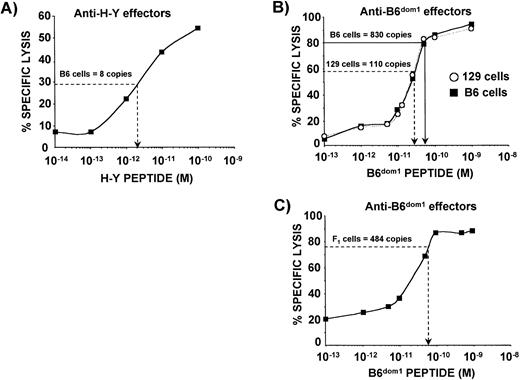 Fig. 3. Abundance of naturally expressed B6dom1 and H-Y epitopes. Synthetic B6dom1 and H-Y peptides, as well as cell extracts, were fractionated by RP-HPLC. Both synthetic and natural B6dom1 peptides were recovered in HPLC fraction no. 18, while synthetic and natural H-Y peptides were recovered in fraction no. 27. (A) The activity of natural H-Y peptide extracted from 1.6 × 107 C57BL/6 male cells is plotted on a dose response curve showing the activity of graded concentrations of synthetic H-Y peptide mixed with competitor peptides extracted from 1.6 × 107C57BL/6 female cells. Also evaluated were the activity of 4 × 106, 8 × 106, and 1.2 × 107cell extracts from C57BL/6 male cells giving 3, 7, and 12 copies per cell, respectively (data not shown). One representative experiment of three is shown. (B) The activity of natural B6dom1 peptide extracted from 4 × 106 C57BL/6 male cells or 1.6 × 107 129 male cells is plotted on dose response curves depicting the activity of graded concentrations of synthetic B6dom1 peptide mixed with competitor peptides extracted from 4 × 106 (▪) or 1.6 × 107 (○) C3H.SW male cells, respectively. Also evaluated were the activities of extracts from 8 × 106, 1.2 × 107, or 1.6 × 107 C57BL/6 male cells and 4 × 106, 8 × 106, or 1.2 × 107 129 male cells. The number of epitope copies per cell was established at 824, 903, and 1,200, respectively for C57BL/6, and at 112, 126, and 107 copies for 129 cells (data not shown). One representative experiment of three is shown. (C) The activity of natural B6dom1 peptide extracted from 8 × 106 (C57BL/6J × C3H.HeJ)F1cells is plotted on a dose response curve depicting the activity of graded concentrations of synthetic B6dom1 peptide mixed with competitor peptides extracted from 8 × 106 C3H.SW male cells, respectively. One representative experiment of two is shown. Targets were T2Db cells. E:T ratio was 5:1 for anti-B6dom1 effectors (SW10/B cell line) and 50:1 for anti–H-Y effectors.