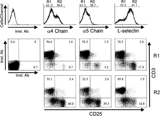 Fig. 9. CD3 and CD25 labeling profiles of 4hi, 5hi, and L-selhi cells from day 3 P-Ir thymocytes. Thymocytes pooled from 20 irradiated mice were triple stained with anti-CD3, anti-CD25, and anti-ECM receptor (anti-4 chain, anti-5 chain, or anti-L-selectin) MoAb cocktails, or with irrelevant antibodies (Irrel. Ab). Thymocytes were arbitrarily split into negative/intermediary (R1) or high (R2) staining for ECM receptor expression (histograms) and then analyzed for CD3 and CD25 expression (dot plots).