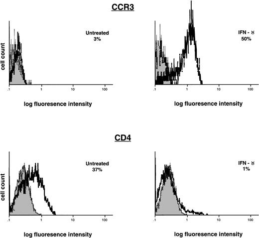 Fig. 7. Effect of IFN-γ on CCR3 and CD4 expression. Monocytes were incubated with IFN-γ (500 U/mL) for 24 hours. CCR3 and CD4 expression were determined in untreated and IFN-γ–treated monocytes by flow cytometry. The shaded histograms represent control staining with isotype-matched antibodies, and the open histograms represent cells staining positive for CCR3 and CD4. Results are shown as the percentage of cells positive for CCR3 or CD4 expression and are representative of 3 cord blood samples.