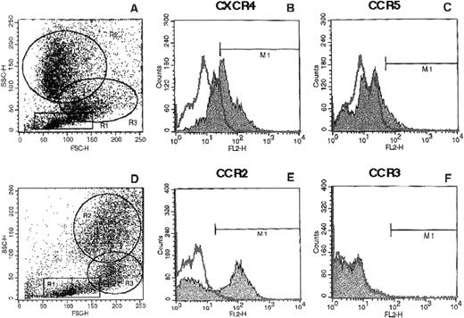 Fig. 1. Expression of chemokine receptors on total BMMNC. BMMNC were isolated from bone marrow aspirates of healthy donors by Ficoll-gradient centrifugation; stained with MoAbs to CXCR4 (B), CCR5 (C), CCR2 (E), and CCR3 (F); and subjected to FACS analysis as described in Materials and Methods. The histogram represents analysis of 10,000 events acquired in the total ungated population (A and D). The isotyped matched negative control is shown in the overlay. M1 gate represents the positive populations. Data from at least 3 different donors were analyzed with similar results. Data from a representative donor are presented.