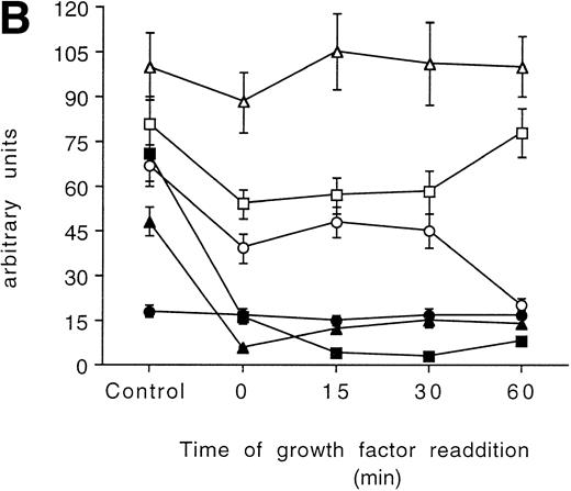 Fig. 5. Time-course analysis of the effect of growth factor readdition on PKC isoform expression in 32D (A), 32D GM1 (B), 32D G (C), and 32D Epo1 (D) cell lines. Semiquantitative densitometric analysis on Western blot experiments shown in the legend of Fig 3 is reported. The values represent the means ± SD of five separate experiments. (▪) ; (□) βI; (•) δ; (○) ɛ; (▴) η; (▵) ζ.