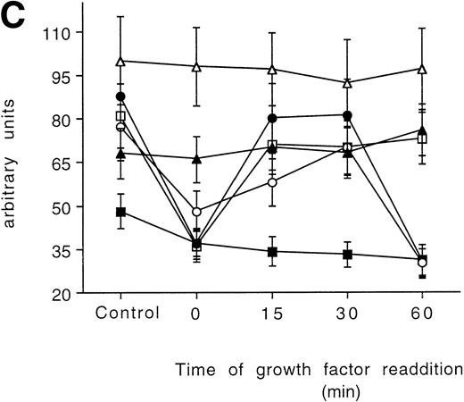 Fig. 5. Time-course analysis of the effect of growth factor readdition on PKC isoform expression in 32D (A), 32D GM1 (B), 32D G (C), and 32D Epo1 (D) cell lines. Semiquantitative densitometric analysis on Western blot experiments shown in the legend of Fig 3 is reported. The values represent the means ± SD of five separate experiments. (▪) ; (□) βI; (•) δ; (○) ɛ; (▴) η; (▵) ζ.