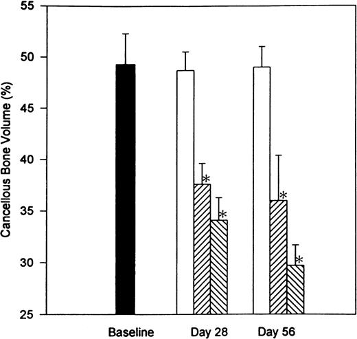 Fig. 2. The reversibility of heparin-induced cancellous bone loss. Rats were injected with vehicle alone (open bars) or unfractionated heparin at a concentration of 0.5 U/g/day (cross-hatched; rising to the right) or 1.0 U/g/day (cross-hatched; rising to the left). On day 28, half of the rats from each group were killed while the other half were allowed to live for an additional 28 days with no further treatment before determining the total epiphyseal area occupied by cancellous bone. Data are expressed as mean ± SEM. *P < .005 when compared with either baseline or control values.