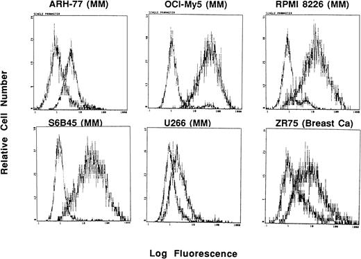 Fig. 1. Expression of Muc-1 on human MM and breast cancer cell lines. Human MM (ARH-77, OCI My-5, RPMI 8226, S6B45 and U266) and breast cancer (ZR-75) cell lines were examined by flow cytometry for cell surface expression of Muc-1 glycosylated protein by staining with the VU-3C6 MoAb relative to an isotype control MoAb.