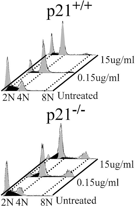 Fig. 9. Effect of nocodazole treatment on cell cycle profile in human colorectal cell lines. Log phase culture of wild-type (p21+/+) or p21 null (p21−/−) cells were treated with the indicated amount of nocodazole for 24 hours and then cell cycle analysis was performed. 2N(G0/G1), 4N(G2/M), and 8N(polyploid) DNA contents are shown (data are representative of 3 separate experiments).
