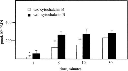 Fig. 5. Effect of cytochalasin B (5 μmol/L) incubation on the release of NO from human PMN, assessed with the HbO2 method as detailed in Materials and Methods, activated with LTB4(100 nmol/L) and measured 1, 5, 10, and 30 minutes after stimulation. Mean ± SEM; n = 3. * .01 < P < .05; **P < .01 compared with identical samples with cytochalasin B present.
