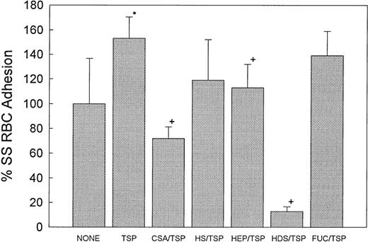 Fig. 4. Prevention of TSP-enhanced adhesion of SS RBC to HUVEC by CSA and HDS. RBC suspensions were untreated (control, n = 4), incubated with 1 μg/mL of TSP (n = 3), or sequentially incubated with 200 μg/mL of a given anionic polysaccharide for 30 minutes and then with 1 μg/mL of TSP for 30 minutes. SS RBC adhesion was evaluated as described in Fig 2. At 1 μg/mL, TSP enhanced SS RBC adhesion by ∼50% compared with untreated (None) controls (*P< .01). This enhanced adhesion was prevented by pretreatment with HDS (n = 3) or CSA (n = 3) before TSP (+P < .05 to .03, compared with TSP) (pairedt-test). Heparin (n = 3) had a moderate effect (P < .05, compared with TSP) whereas HS (n = 3) and fucoidan (n = 5) had no effect.