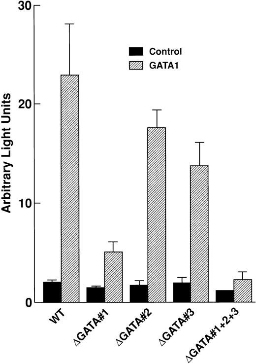 Fig. 2. GATA-1 upregulates CCR5 promoter activity through interaction with GATA elements on the promoter. Twenty million PM1 cells were transfected with 10 μg of the indicated CCR5 promoter-luciferase construct along with 10 μg of either pMT2T or pMT-GATA-1, and luciferase assays were performed 40 hours after transfection, as described previously.4 Results are reported as means ± SD from four independent experiments. Similar results were obtained for THP-1 cells (data not shown).