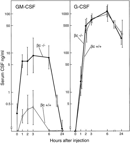 Fig. 3. Serum concentrations of GM-CSF and G-CSF after the intravenous injection of 5 μg endotoxin to βc+/+ or βc−/− mice. Each point represents mean CSF values ± SD from three separate mice of each genotype at each timepoint.
