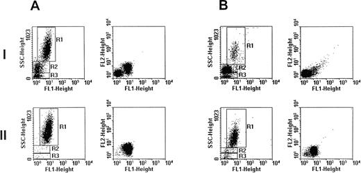 Fig. 1. Flow cytometric sorting of eosinophils using autofluorescence and light scatter patterns. (A) Peripheral blood leukocytes from case 1 were obtained from whole blood after removal of erythrocytes by lysis and analyzed on a FACStarPLUS flow cytometer. (AI) The populations of leukocytes were differentiated by their side scatter and autofluorescence patterns: eosinophils (R1, 57.9%), granulocytes (R2, 26.5%), and lymphocytes (R3, 12.8%). Cells of the region R1 exhibited marked autofluorescence that was detected on FL1, and to a lesser extent, on FL2. Cells in R1 were sorted into sterile tubes containing 2 mL of sterile PBS (pH 7.4). (AII) Resultant cell populations contained 98.5% eosinophils (R1), 1.0% granulocytes (R2), and 0.4% lymphocytes (R3). (B) Twenty-six months later, peripheral blood leukocytes from case 1 were obtained and again analyzed on a FACStarPLUS flow cytometer. (BI) Eosinophil (R1, 6.0%), granulocyte (R2, 74.0%), and lymphocyte (R3, 17.3%) populations were noted among the leukocytes. Cells in R1 were purified by flow cytometric sorting. (BII) The resultant cell populations contained 92.0% eosinophils (R1), 4.0% granulocytes (R2), and 4.0% lymphocytes (R3).