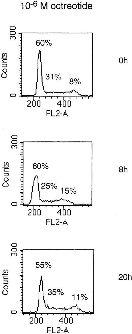 Fig. 5. Cell cycle distribution of the LP-1 cell line treated with octreotide. Exponentially growing cells were seeded at 4 × 105 cells/mL and incubated for 8 and 20 hours without or with 10−6 mol/L octreotide. Cells were harvested and cell nuclei were prepared, stained with PI, and DNA content analyzed in a FACScan.