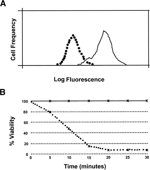 Fig. 6. Aerolysin sensitivity correlates CD59 expression in PNH cell lines. Representative example showing correlation between aerolysin sensitivity and flow cytometric detection of CD59 in PNH cell lines. (A) Flow cytometric analysis for CD59 expression in a population of cells consisting of 90% LD−PIGA+ cells and 10% LD− cells (solid line). LD− cells are depicted by the dotted line. (B) The percentage of viability of the LD− (solid line) and mixed cell (dotted line) populations after exposure to 1 nmol/L aerolysin at 37°C. Cell viability was determined by trypan blue exclusion at 5-minute intervals.
