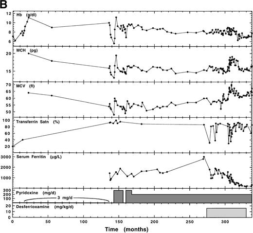 Fig. 1. Hematologic and iron status in response to pyridoxine supplementation and iron removal by desferrioxamine chelation and/or phlebotomy. The probands were reliable regarding pyridoxine self-administration and were in good health during the critical periods of pyridoxine administration (family 5: months 108-113 and 130-135; family 6: Months 140-145 and 160-165). Repeat blood counts were confirmatory of the observed trends. (A.) Family 5 (Y199H) proband. (B). Family 6 (R411C) proband.
