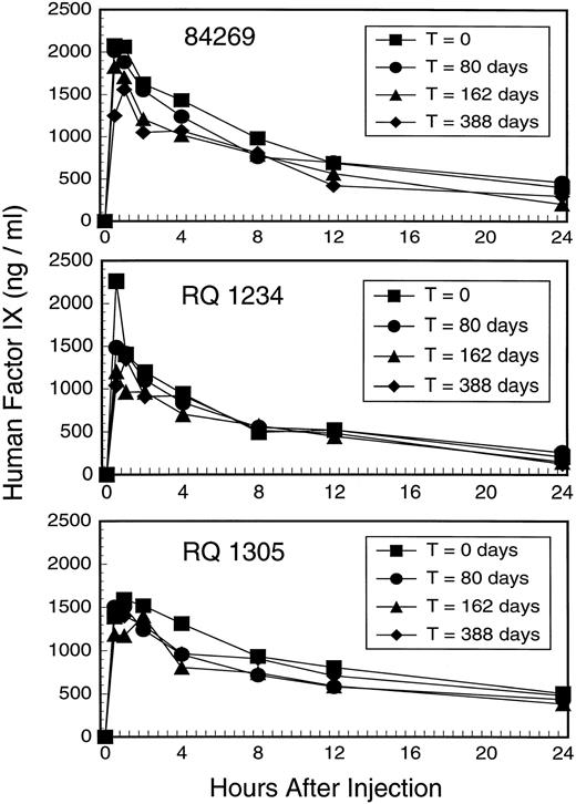 Fig. 3. Factor IX falloff studies in three rhesus macaques 84269, RQ 1234, and RQ 1305. Each animal was studied on four occasions by injecting 25 units Mononine/kg body weight followed by immunoassay for human factor IX at the indicated time points. Falloff studies were performed by single injection of factor IX at T = 0, 80 days, and 162 days; three daily injections of factor IX were performed 10 days before a fourth falloff study at T = 388 days to maximize the chance that any immune response might be boosted.