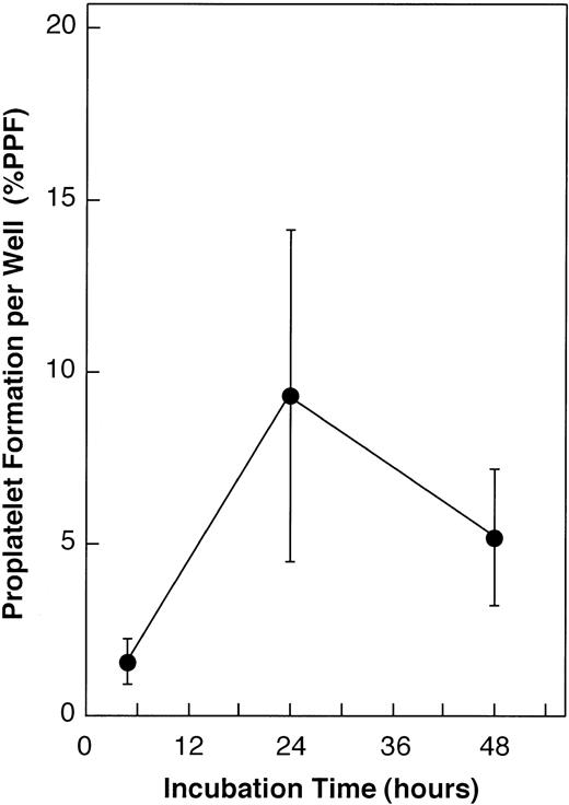 Fig. 4. Time course of spontaneous proplatelet formation by collected megakaryocytes. We observed the production of spontaneous proplatelet formation in the same manner as the proplatelet formation inhibition assay in the absence of antibodies. Megakaryocyte colonies were derived from peripheral blood CD34+ cells (1.8 ± 0.5 × 104 cells/mL) stimulated with 10 ng/mL TPO and 10 ng/mL SCF, and they were collected on the 9th day from culture dishes (343.0 ± 3.0 colonies). Then, collected megakaryocytes were aliquoted into the wells of a 96-well tissue culture plate (190.9 ± 11.2 cells per well) and were incubated. The number of megakaryocytes with proplatelet formation was counted after 5, 24, and 48 hours of incubation, respectively, using an inverted microscope. The %PPF calculation is described in detail in the Materials and Methods section. The time 0 corresponds with the 9th day of culture in Fig 3. The purity of the GP-IIb-positive cells was 98.9% ± 0.3% per well, by indirect immunostaining. The data are the means ± SEM from duplicate incubations of two experiments.