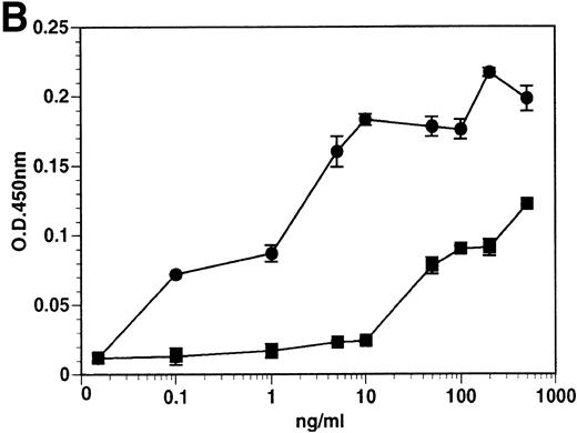 Fig. 2. Kinetics and dose-response of TNF- and VEGF-stimulated soluble tie-1 release in HUVECs. (A) HUVECs were incubated in the absence (□) or presence of 10 ng/mL TNF (•) or 100 ng/mL VEGF (▪) for the indicated times. (B) HUVECs were incubated for 1 hour with the indicated concentrations of TNF (•) or VEGF (▪). After treatment, supernatants were collected and assayed for soluble tie-1 release as described in Materials and Methods. Results are shown as the mean absorbance at 450 nm ± SD.