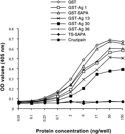 Fig. 5. Standardization of GST capture assay. GST chimeric proteins diluted in normal mouse serum were tested in the GST capture assay described under Materials and Methods. Mean optical density values are shown (SD values did not exceed 10% of mean values in any case; not shown). TS-SAPA and cruzipain protein diluted in normal mouse serum were used as negative controls. Samples were tested in triplicate. One out of three experiments with similar results is shown.