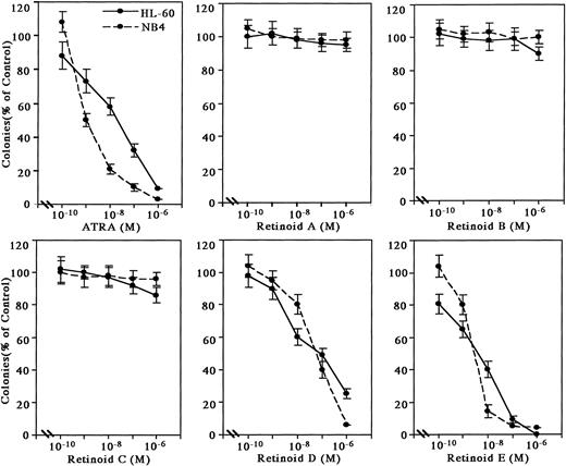 Fig. 1. Effects of synthetic retinoids on HL-60 and NB4 clonal proliferation. HL-60 and NB4 cells (2 × 103 per plate) were cultured with various concentrations of retinoids in methylcellulose. Colonies (>40 cells) were counted after 10 days of incubation. Results are expressed as the percentage of clonal growth in retinoid-treated plates compared with the number of colonies in control plates not containing retinoids. Data represent mean ± standard deviation (SD) of triplicate cultures. This figure shows representative findings of three independent experiments, each of which had similar results.