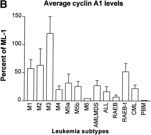 Fig. 3. RT-PCR study of the expression of cyclin A1 in leukemia and preleukemia samples. (A) Dot plot show the level of expression of cyclin A1 in leukemia samples as a percentage of the level detected in the ML-1 myeloblast cell line. (B) Cyclin A1 mean levels of each group are shown. The statistical analysis of differences among the groups is discussed in the Results. (C) Ratio of cyclin A1/cyclin A is shown on a dot plot. Each dot represents one sample.