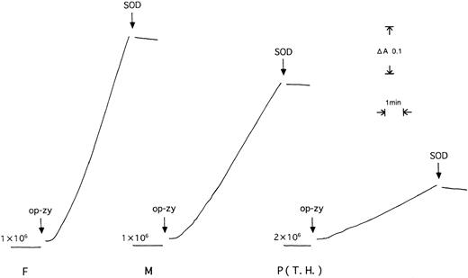 Fig. 1. O2- formation by neutrophils from patient T.H. (P) and his father (F) and mother (M). The rate of O2--dependent reduction of ferricytochromec was recorded by spectrophotometric measurement of the 550 to 540 nm absorption difference. Neutrophils (1.0 to 2.0 × 106 cells/700 μL KRP) were stimulated by addition of op-zy. The numbers on traces are cell numbers added to cuvettes.