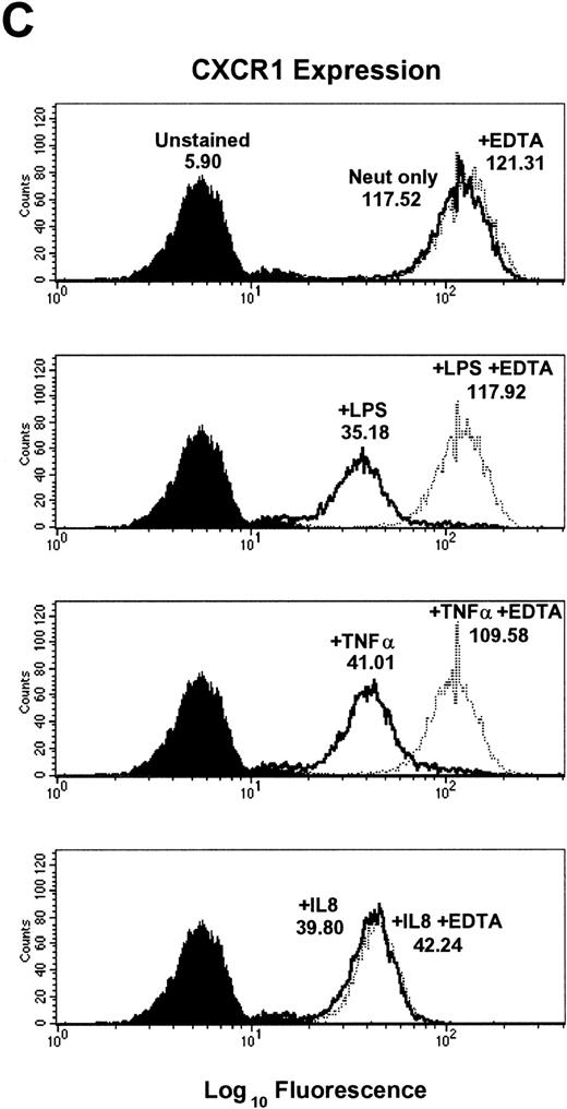 Fig. 2. Effect of the metalloproteinase inhibitors 1,10-phenanthroline and EDTA on LPS-, TNF-–, and IL-8–induced downmodulation of CXCR1 and CXCR2. Purified peripheral blood PMNs were preincubated with (A,B) 1,10-phenanthroline (Phen, 0.5 mmol/L) or (C,D) EDTA (5 mmol/L) for 30 minutes in media (RPMI/10% fetal calf serum) followed by the addition of LPS (100 ng/mL), TNF- (50 ng/mL), or IL-8 (500 ng/mL) for 1 hour at 37°C. CXCR1 and CXCR2 expression was measured cytofluorometrically. The x-axis indicates fluorescence intensity measured on log10 scale, and the y-axis indicates event counts per channel on a linear scale. MFI values for individual histograms are indicated above each histogram.