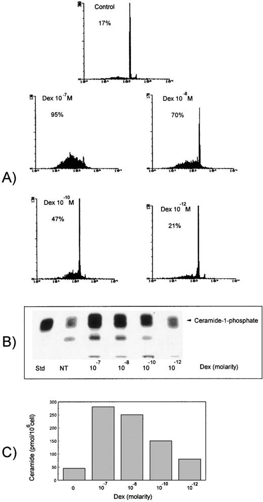 Fig. 1. (A) Dex-induced apoptosis. Mouse thymocytes incubated for 18 hours with or without different doses of Dex (10−7 to 10−12 mol/L), were processed for DNA content analysis by propidium iodide staining. Nuclei were analyzed with a FACScan cytofluorymeter (Becton Dickinson, Mountain View, CA). Percentage numbers of hypodiploid nuclei are reported for each condition. Data shown are representative of one out of four experiments. (B) Ceramide generation after Dex treatment. Thymocytes were treated with Dex at indicated doses for 15 minutes. Lipids were then extracted, subjected to DAG kinase assay, and separated by TLC. Radioactive spots were visualized by autoradiography, scraped from the plate, and counted by scintillation counting. Data shown are representative of one out of three experiments. (C) Quantitative results for ceramide-1-phosphate levels, expressed as picomoles/106 cells. Mean values of three different experiments in duplicate are reported. Standard deviations <10% of the mean values are omitted for clarity.