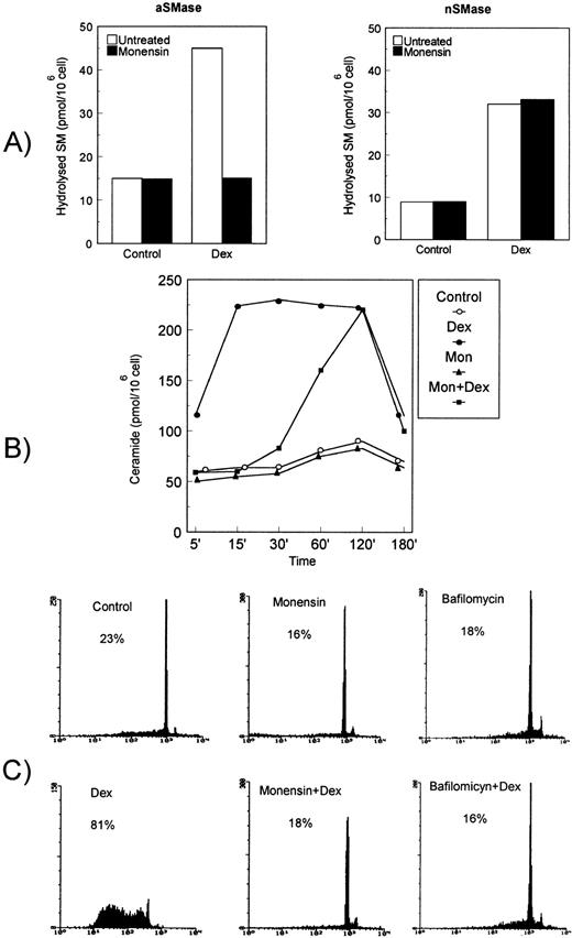 Fig. 3. Effect of monensin on Dex-induced ceramide generation, aSMase and nSMase, and apoptosis. Thymocytes were treated with Dex (10−7 mol/L) for the indicated times in the presence or absence of monensin (10 μg/mL). (A) Effect of monensin on acidic (on the left) and neutral (on the right) SMase activity induced by Dex treatment for 15 or 120 minutes, respectively. Hydrolyzed SM was quantitated and expressed as picomoles/106 cells. Mean values of three different experiments in duplicate are reported. Standard deviations, less than 5% of the mean values, are omitted for clarity. (B) Ceramide levels in thymocytes treated for 15 minutes with Dex (10−7 mol/L) in the presence or absence of monensin. The quantitative results for ceramide-1-phosphate levels, expressed as picomoles/106 cells, are reported (mean values of three different experiments in duplicate; standard deviations, less than 10% of the mean values, are omitted for clarity). (C) Effect of monensin or bafilomycin A1 (1 μmol/L) on Dex-induced thymocyte apoptosis at 18 hours. Percentage numbers of hypodiploid nuclei are reported for each condition. The results are representative of one out of three separate experiments.
