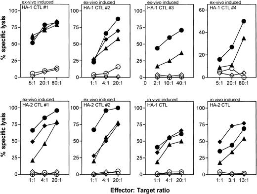 Fig. 2. CTL activity against peptide-pulsed and mHag-positive target cells by ex vivo–induced HA-1– and HA-2–specific CTLs. HA-1 CTLs no. 1, 2, 3, and 4 and HA-2 CTLs no. 1 and 2 were generated from different individuals using PBDC (HA-1 CTLs no. 1, 4 and HA-2 CTLs no. 1, 2) or BMDC (HA-1 CTLs no. 2, 3). The cytotoxic activities of in vivo–induced HA-1– and HA-2–specific CTLs against the same target cells are shown as comparison. Target cells: autologous PHA-blasts (◊); autologous PHA-blasts pulsed with peptide (⧫; EBV-LCL positive for HA-1 (n = 4) or HA-2 (n = 3) (▧); EBV-LCL negative for HA-1 (n = 3) or HA-2 (n = 3) (◍); HA-1– or HA-2–negative EBV-LCL pulsed with HA-1 or HA-2 peptide (◍).