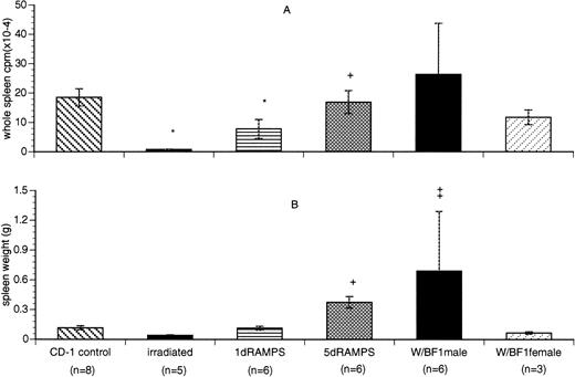 Fig. 3. Comparison of whole spleen-associated radioactivity in control and thrombocytopenic mice. (A) Comparison of whole spleen-associated radioactivity in control and thrombocytopenic mice. (B) Comparison of the spleen weight among control and thrombocytopenic mice. Whole spleen-associated radioactivity is presented as cpm × 10−4 (mean ± SD). Spleen weight is presented in grams (mean ± SD). *P < .05 when compared with CD-1 control. †P < .05 when compared with irradiated. ‡P< .05 when compared with F1 female control.