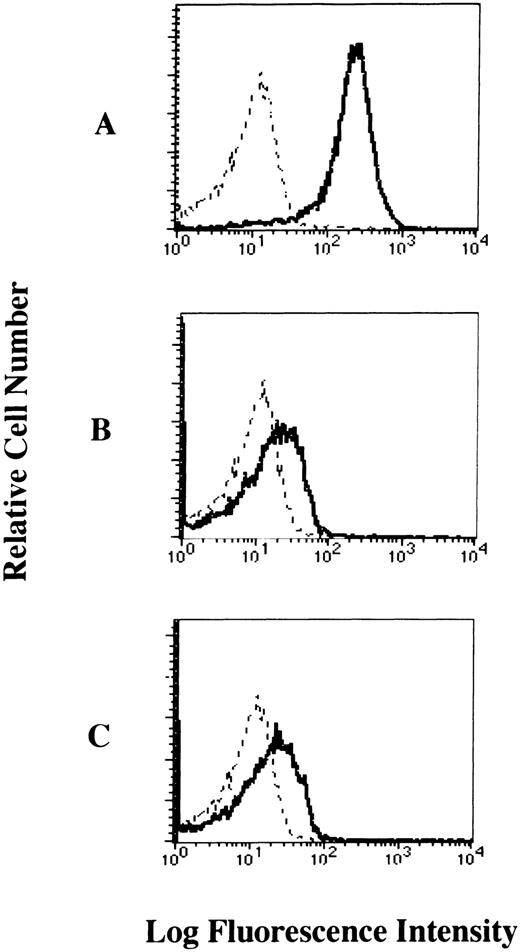 Fig. 2. Cell-surface expression of the FcɛRI chain on human platelets analyzed by flow cytometry. The platelets were incubated with mouse MoAbs to (A) human CD61 as positive control, (B) human FcɛRI chain (CRA2), and (C) human FcɛRI chain (CRA3) respectively, and then stained with the FITC-labeled rabbit antimouse IgG + IgM (solid dark line). Mouse IgG1 was used as isotype-matched control antibody (dashed line).