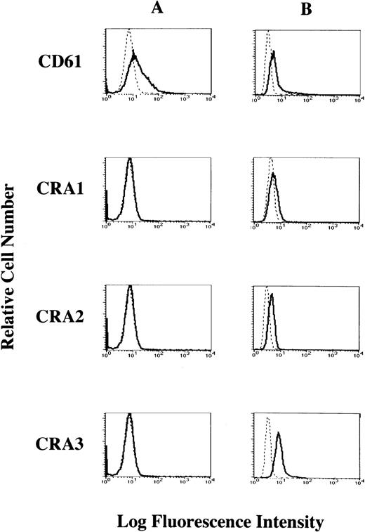 Fig. 4. Cell-surface expression of the FcɛRI in HML-1 cells. (A) The cell-surface expression of the FcɛRI chain in HML-1 cells was analyzed by flow cytometry. Untreated cells were incubated with mouse MoAb to human CD61 and human FcɛRI chain, respectively, stained with the FITC-labeled rabbit antimouse IgG + IgM. Mouse IgG1 or IgG2b (for CRA1) were used as isotype-matched control antibodies. (B) Intracytoplasmic expression of the FcɛRI in HML-1 cells was analyzed by flow cytometry after pretreatment of the cells with cold ethanol before incubation with primary or secondary antibodies.