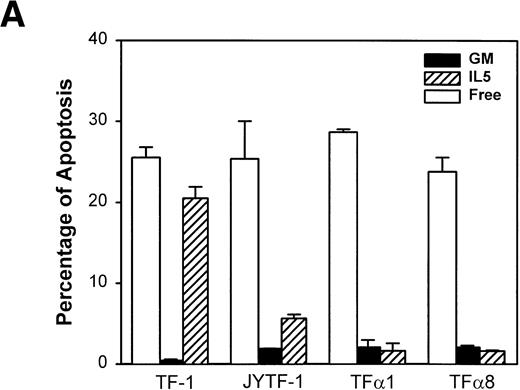 Fig. 6. Suppression of apoptosis by overexpression of IL5R in TF-1 cells. (A) Microscopic measurement. Cells were grown in indicated culture media for 24 hours and the percentage of apoptotic cells in the whole population was calculated from the photomicrographs (see Materials and Methods). Each number represents the average of two independent measurements. For each measurement, 300 cells were counted in cytokine-free cultures (□); 500 cells were counted in GM-CSF– (▪) and IL-5–containing (▨) medium. (B) Histone-releasing assay. Cells were treated as described in (A), and were lysed to release the cytoplasmic contents. The bound nucleosomes were detected with ELISA as described in Materials and Methods. A representative set of data of three independent duplicated experiments is shown and each number is the average of two measurements. (C) DNA fragmentation analysis. Cells grown in the cultures as described in (A) were harvested and the genomic DNA was prepared and analyzed as described in Fig 3A and Materials and Methods. A molecular weight marker (1 kb ladder from Life Technology, Gaithersburg, MD) is loaded at the left-hand side of the figure.