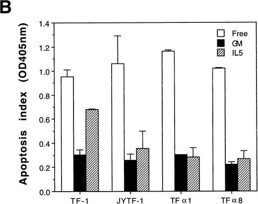 Fig. 6. Suppression of apoptosis by overexpression of IL5R in TF-1 cells. (A) Microscopic measurement. Cells were grown in indicated culture media for 24 hours and the percentage of apoptotic cells in the whole population was calculated from the photomicrographs (see Materials and Methods). Each number represents the average of two independent measurements. For each measurement, 300 cells were counted in cytokine-free cultures (□); 500 cells were counted in GM-CSF– (▪) and IL-5–containing (▨) medium. (B) Histone-releasing assay. Cells were treated as described in (A), and were lysed to release the cytoplasmic contents. The bound nucleosomes were detected with ELISA as described in Materials and Methods. A representative set of data of three independent duplicated experiments is shown and each number is the average of two measurements. (C) DNA fragmentation analysis. Cells grown in the cultures as described in (A) were harvested and the genomic DNA was prepared and analyzed as described in Fig 3A and Materials and Methods. A molecular weight marker (1 kb ladder from Life Technology, Gaithersburg, MD) is loaded at the left-hand side of the figure.