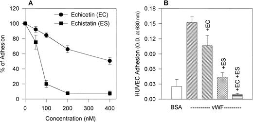 Fig. 2. (A) Effect of echicetin and echistatin on HUVEC adhesion to immobilized vWF. HUVECs were preincubated with progressively increasing concentrations of echicetin and echistatin (an vβ3 antagonist) for 15 minutes on ice before being applied to a 96-well microplate previously coated with vWF as described in Materials and Methods. OD readings of the lysed cells indicated that about 45% of resting HUVECs adhered to immobilized vWF, and this value was used as 100% adhesion. (•) Echicetin; (▪) echistatin. The data represent the mean and SD of percentage of cell adhesion from four individual experiments. (B) Additive inhibition of echicetin and echistatin on HUVEC adhesion to immobilized vWF. HUVECs were preincubated with either 250 nmol/L echicetin (EC; lane 3), 50 nmol/L echistatin (ES; lane 4), or both 250 nmol/L echicetin and 50 nmol/L echistatin (EC + ES; lane 5) and were then applied onto a vWF-coated plate. For a negative control (lane 1), BSA-coated wells were used. Lane 2 represents HUVEC adhesion to vWF in the absence of inhibitors.