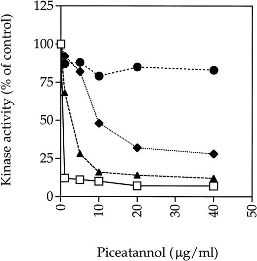 Fig. 7. Effect of piceatannol on tyrosine kinase activity. (⧫) Src, (•) Fyn, (□) Syk, or (▴) FAK were incubated with the indicated concentration of piceatannol for 10 minutes at room temperature. The enzymes were then incubated with 0.5 μCi33P γ-ATP for 15 minutes at room temperature. Reactions were stopped by the addition of Laemmli sample buffer and the proteins were separated by SDS-PAGE. Gels were dried down and the radioactive bands were visualized by autoradiography. Densitometry was preformed using a Bio-Rad Imager equipped with Molecular Analyst software. The graph shows the levels of autophosphorylation of relevant enzymes expressed as a percentage of control, where control was the level of autophosphorylation obtained in the absence of piceatannol but with DMSO vehicle present. Similar results were obtained in at least two separate experiments with each enzyme and also when enolase was used as an exogenous substrate.