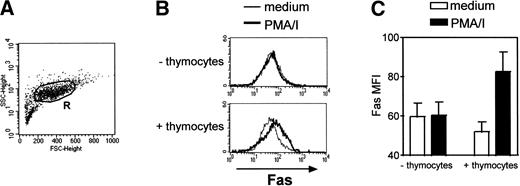 Fig. 4. Fas upregulation is induced in TEC cocultured with activated thymocytes. TEC subcultured after 10 to 13 days of primary culture were cocultured with heterologous thymocytes in the presence or in the absence of 5 ng/mL PMA and 500 ng/mL ionomycin (PMA/I). After 3 days, TEC were collected. (A) Fas expression was analyzed in TEC, ie, in cells gated in the R region. (B) A representative experiment shows that, without thymocytes, PMA and ionomycin did not induce any effect on Fas expression in TEC. When cocultured with thymocytes, Fas expression is upregulated in TEC when PMA and ionomycin were added. (C) Data are the mean ± SEM from three independent experiments.