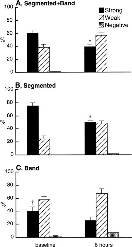 Fig. 8. L-selectin expression on combination of band and segmented PMN (A), segmented PMN (B), and band PMN (C) in the bone marrow 6 hours after IV injection of 2.0 mg/kg dexamethasone (n = 4) using the immunocytochemical grading system (see Materials and Methods). Values are expressed as the means ± SEM. The percentage of mature (band + segmented) PMN with strong expression of L-selectin decreased after dexamethasone treatment. Similarly, the percentage of segmented PMN with strong expression of L-selectin was decreased by dexamethasone treatment, but not the percentage of band PMN. The percentage of band PMN with strong expression of L-selectin was smaller than that of segmented PMN at baseline. *P < .05 compared with baseline; †P < .01 compared with segmented PMN at baseline; Dex, dexamethasone.
