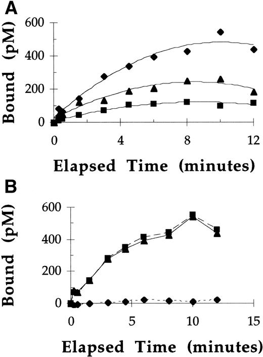 Fig. 3. Uptake of 125I-labeled rGCR by rat alveolar macrophages at 37°C. (A) The concentration of125I-labeled pGCR specifically bound to mannose receptors plotted as a function of time after incubation with 1.5 (▪), 3 (▴), and 6 (⧫) nmol/L 125I-labeled pGCR. (B) The binding of 6 nmol/L 125I-labeled pGCR to rat alveolar macrophages in the presence (⧫) and absence (▪) of yeast mannan, and the specific mannose receptor-mediated binding and/or uptake (▴), plotted as a function of time.