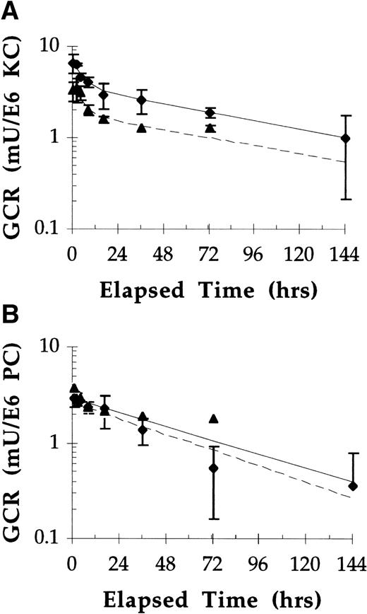 Fig. 7. Uptake and stability of rGCR in (A) KC and (B) PC after IV administration in Balb/c mice. Mice were injected IV with pGCR (▴) or rGCR (⧫) at doses of 40 U/kg. At designated times postinjection, two animals from each group were killed, collagenase perfused, and hepatocellular populations separated as described in Materials and Methods. Values presented are the average and range of the duplicate determinations. Solid lines are theoretical plots.