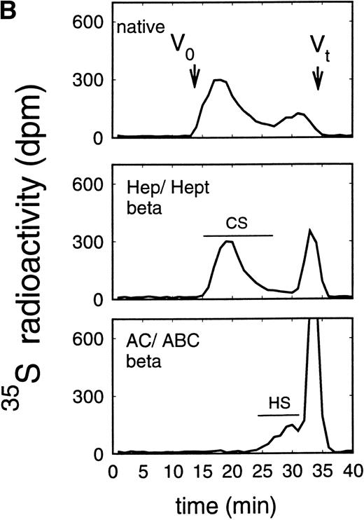 Fig. 5. Size exclusion chromatography of glycosaminoglycan chains obtained after β-elimination of proteoglycans from the supernatant (A) and cell extract (B) of the immature erythroid progenitor cell line HEL. Proteoglycans from the supernatant (A) and cell extract (B) of HEL cells were treated first either by heparinase/heparitinase or chondroitinase AC/ABC and thereafter submitted to β-elimination. Size exclusion chromatography was performed on a TSK 4000 column. Elution profiles were monitored by liquid scintillation counting.