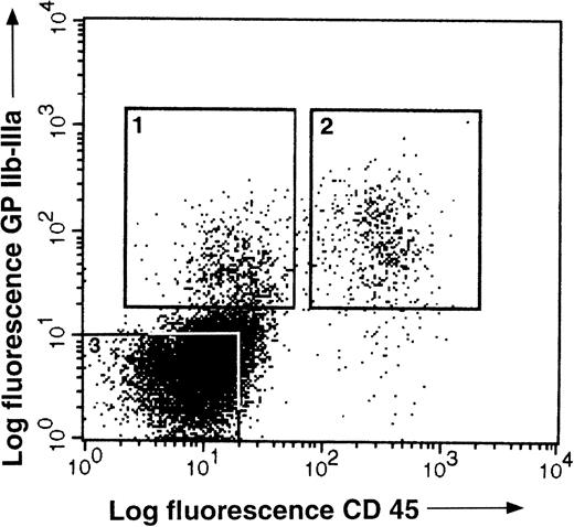 Fig. 6. Flow cytometric analysis of E3.5 to 4 intraaortic cells double-stained with anti-CD45 (HISC7) and anti–GPIIb-IIIa (11C3) MoAbs. Populations 1, 2, and 3 defined as GPIIb-IIIa+CD45−, GPIIb-IIIa+ CD45+, and GPIIb-IIIa− CD45− cells, respectively, were sorted for functional analysis (see Table 4).