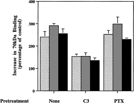 Fig. 5. Effects of C3 exotransferase or pertussis toxin on enhanced binding of 70-kD N-terminal fragment of fibronectin to MG63 cells by LPA, nocodazole, or S1P. Confluent MG63 cells were pretreated with complete medium (None), 50 mg/L C3 transferase (C3), or 100 μg/L pertussis toxin (PTX) for 24 hours and then incubated for 60 minutes with 125I-70-kD fragment in medium with 200 nmol/L LPA (▩), 10 μmol/L nocodazole (), or 100 nmol/L S1P (▪). Data are presented as specific binding in the presence of additive divided by specific binding in the absence of any additives as a percentage of control. Data represent the mean ± SD (n = 4).