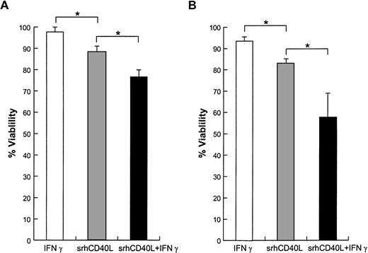 Fig. 5. Effect of srhCD40L on cell viability. (A) MDA-231 or (B) T-47D cells were incubated with 10 μg/mL srhCD40L and/or 500 U/mL interferon γ. After 72 hours, viability was assessed by trypan blue exclusion. Significant differences (P < .05) in viability were noted.
