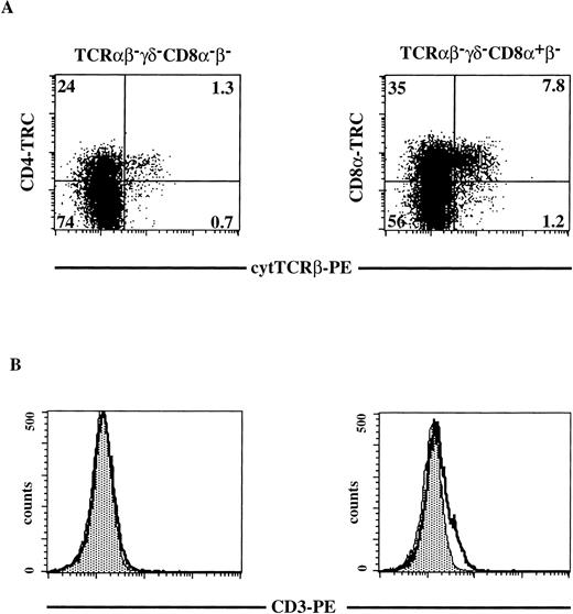 Fig. 5. Cytoplasmic TCRβ and membrane CD3 expression on CD8β-depleted, TCR-negative thymocytes. Total thymocytes were depleted and sorted for CD8β−CD27−CD69− cells as described in Materials and Methods. Three-color flow cytometric analysis was done after staining the sorted cells with FITC-conjugated MoAbs against TCRβ, TCRγδ, CD8 and with CD4-TRC (left panels) or after staining the sorted cells with FITC-conjugated MoAbs against TCRβ, TCRγδ and with CD8-TRC (right panels). Dot plots shown are electronically gated on FITC− cells. Histograms shown are electronically gated on FITC−, TRC+ cells (left panels TCRβ−TCRγδ−CD8−β−; right panels TCRβ−TCRγδ−CD8+β−). (A) cytoplasmic anti-TCRβ-PE staining on TCRβ−TCRγδ−CD8−β− thymocytes (left panel) and TCRβ−TCRγδ−CD8+β− thymocytes (right panel). The quadrants were chosen in such a way that greater than 99% of the dots of cells stained with isotype-matched control antibodies fell in the lower left quadrant (negative for both PE and FITC). Numbers in the quadrants represent percentages of cells. (B) Membrane CD3-PE staining (bold line) on TCRβ−TCRγδ−CD8−β−thymocytes (left panel) and TCRβ−TCRγδ−CD8+β−thymocytes (right panel). The shaded area in the histogram represents staining with the negative control (irrelevant IgGs). A representative analysis out of three independent experiments is shown.